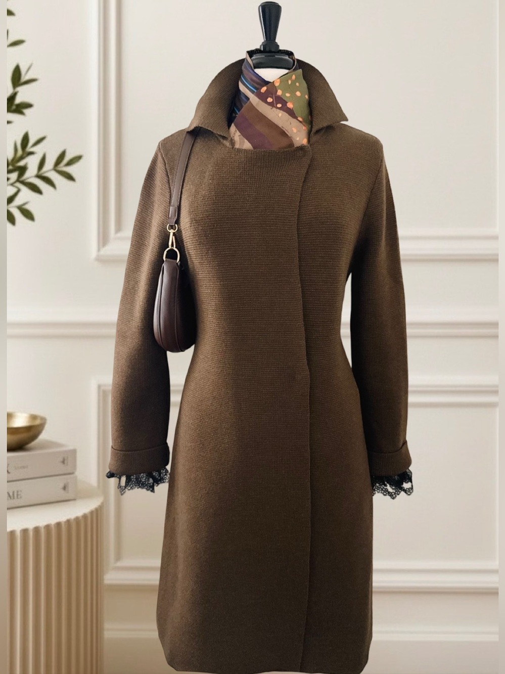 Eileen Fisher Knit Long Coat Cardigan Merino Wool Medium Brown Lagenlook Office